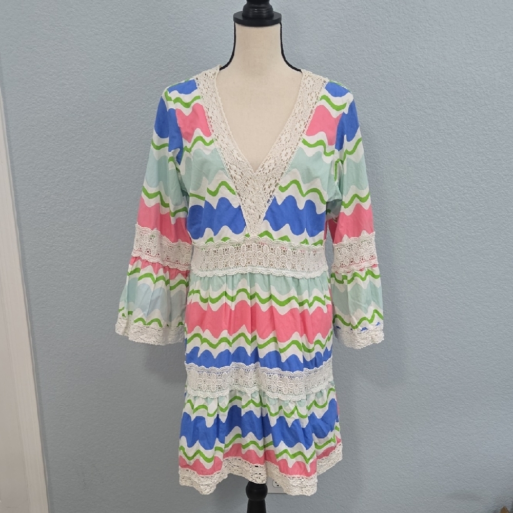 Women’s V-Neck Lace Trim Multicolor Wave Print Dress